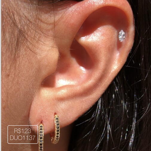 Duo Argola Cravejada Zirconia Negra Dourada